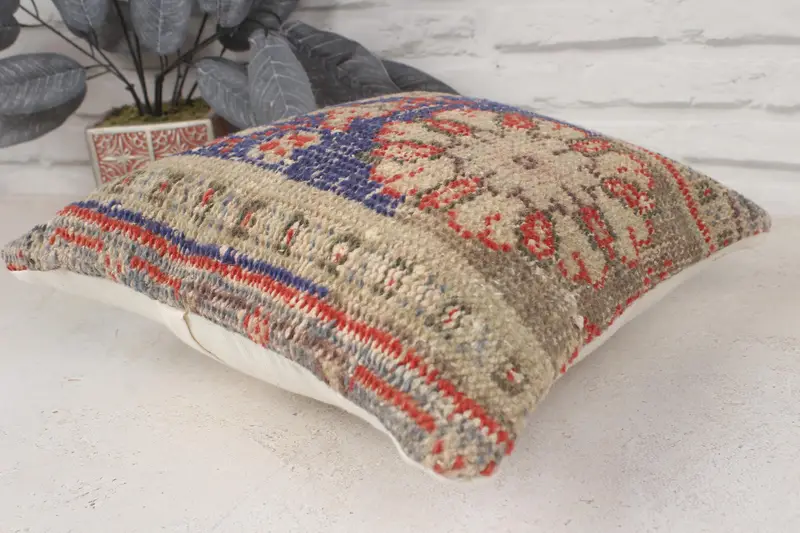 Pillow, Bolster Pillow Case, 14x14 Blue Pillow Cover, Throw Kilim Pillow, Crochet Pattern Pillow, Handmade Kilim Cushion, Boho Pillow - 6
