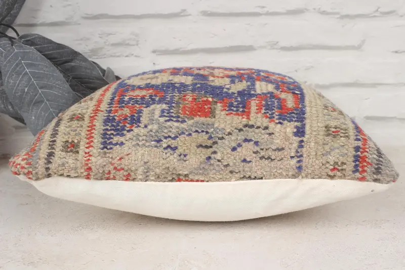Pillow, Bolster Pillow Case, 14x14 Blue Pillow Cover, Throw Kilim Pillow, Crochet Pattern Pillow, Handmade Kilim Cushion, Boho Pillow - 5