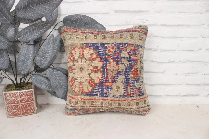 Pillow, Bolster Pillow Case, 14x14 Blue Pillow Cover, Throw Kilim Pillow, Crochet Pattern Pillow, Handmade Kilim Cushion, Boho Pillow - 1