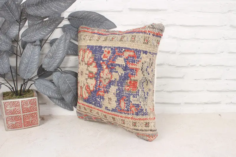 Pillow, Bolster Pillow Case, 14x14 Blue Pillow Cover, Throw Kilim Pillow, Crochet Pattern Pillow, Handmade Kilim Cushion, Boho Pillow - 4