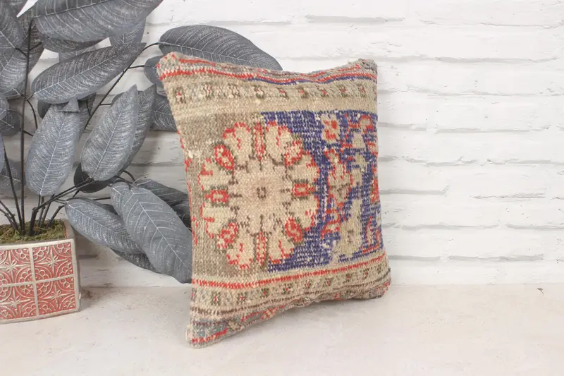 Pillow, Bolster Pillow Case, 14x14 Blue Pillow Cover, Throw Kilim Pillow, Crochet Pattern Pillow, Handmade Kilim Cushion, Boho Pillow - 3