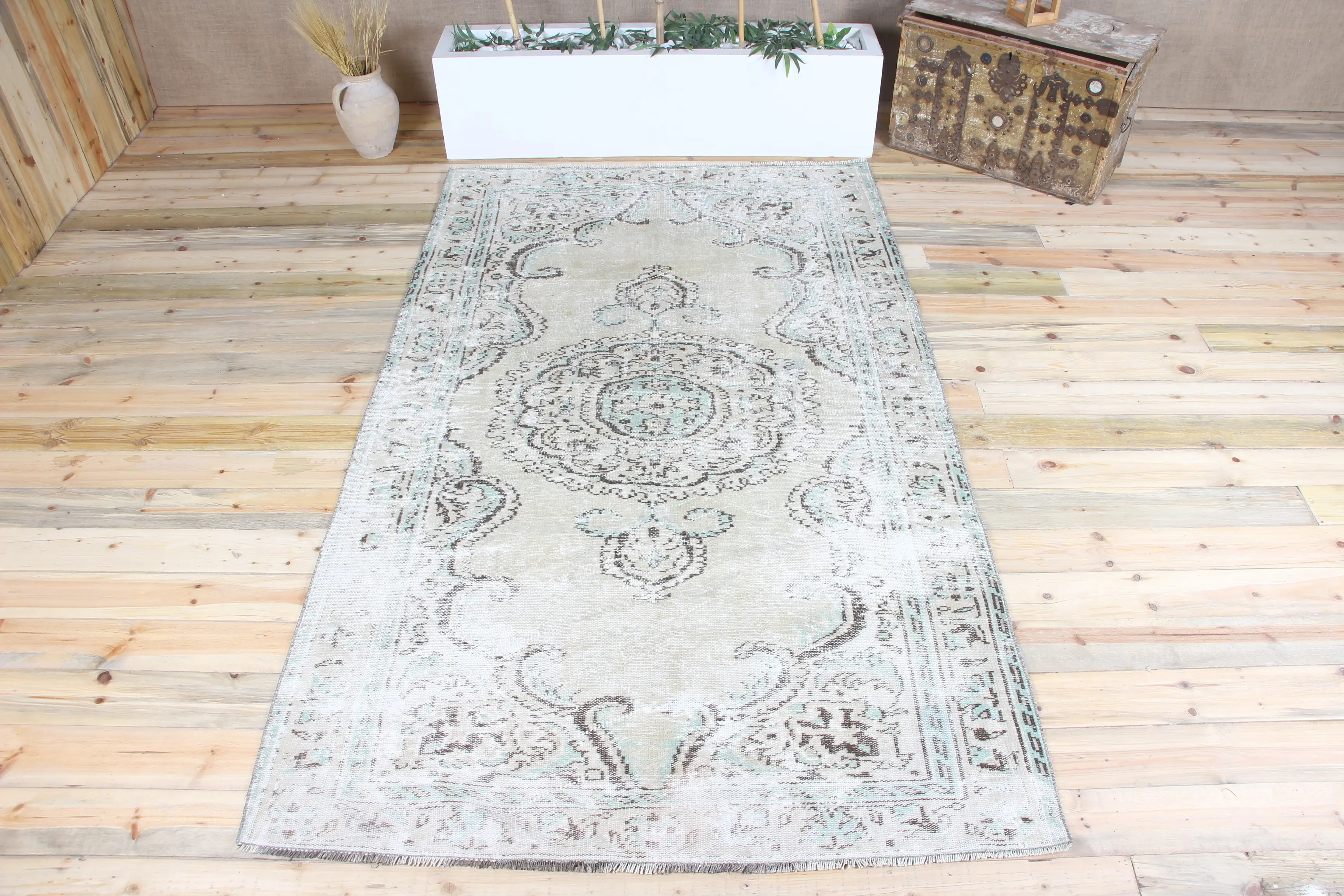 5.2x8.8 ft Halı, Türk Vintage Halısı, Oushak Yeşil Çiçekli Halı - 1