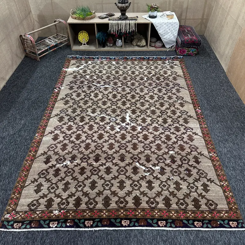 6,8x10 ft großer Vintage Teppich, brauner geometrischer türkischer Teppich - 1