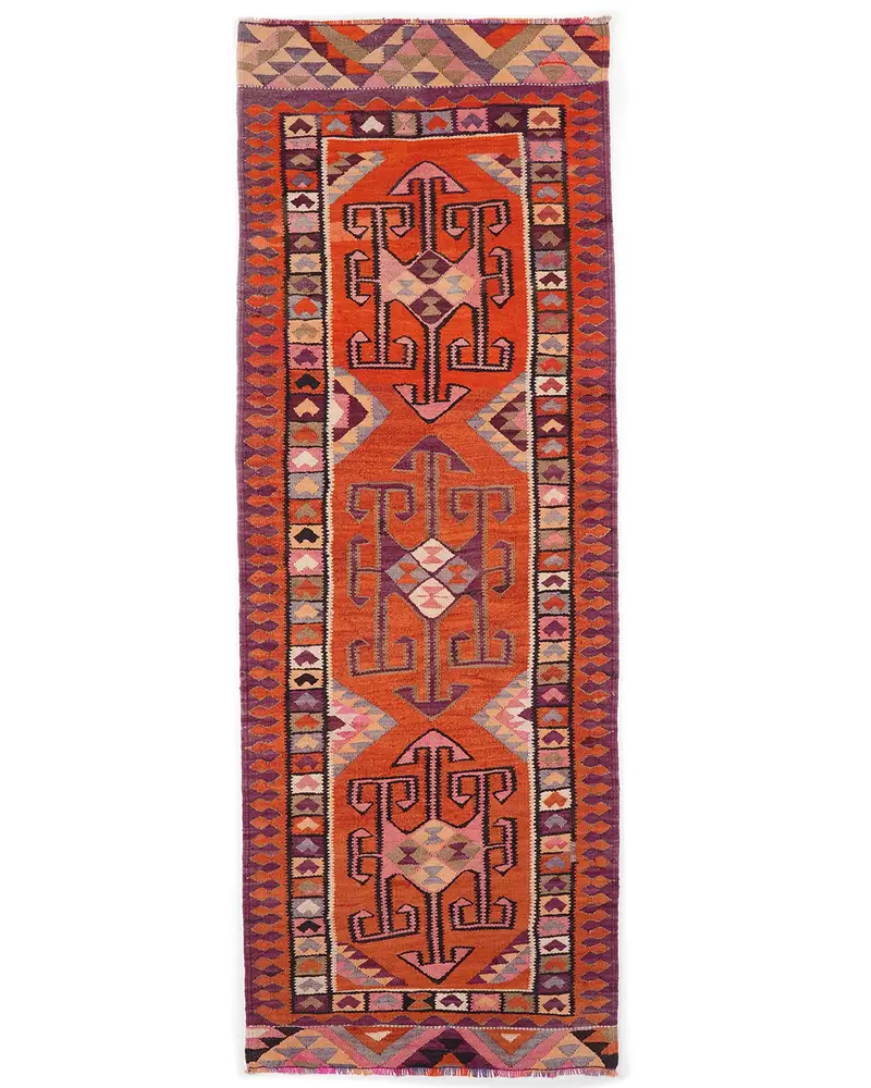 オレンジとパープルのラグ、3.3x9.6フィートのアニマルプリント