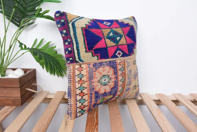 16x16 Pink Pillow Cover, Cushion Cover, Floor Cushion Cover, Ikat Pillow Sham, Turkish Kilim Pillow, Throw Kilim Pillow, Handmade Kilim Cushion - 4