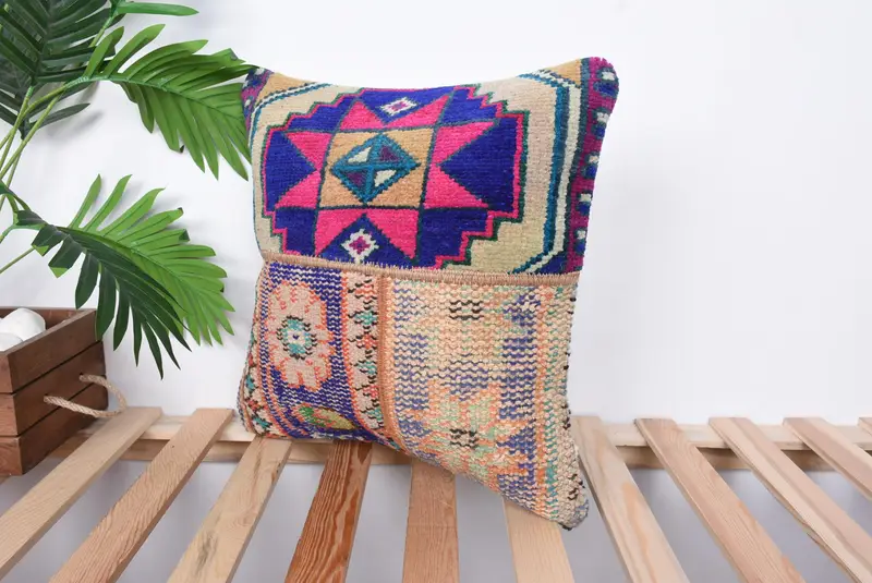 16x16 Pink Pillow Cover, Cushion Cover, Floor Cushion Cover, Ikat Pillow Sham, Turkish Kilim Pillow, Throw Kilim Pillow, Handmade Kilim Cushion - 5
