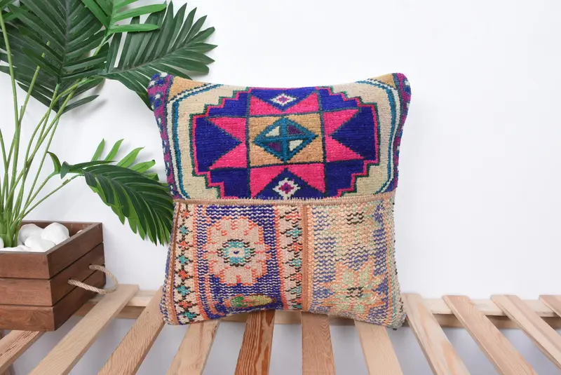 16x16 Pink Pillow Cover, Cushion Cover, Floor Cushion Cover, Ikat Pillow Sham, Turkish Kilim Pillow, Throw Kilim Pillow, Handmade Kilim Cushion - 1