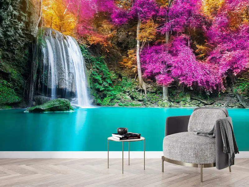 Baskılı Duvar Kağıdı: Mor Ağaçlar, Şelale, Mavi Göl Manzarası