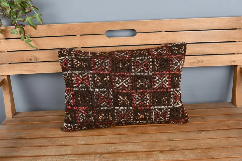 Vintage Kilim Pillow, Decorative Throw Cushion Cover, Pillow Cover, Kilim Cushion Sham, Boho Pillow Sham Cover, 16x24 Red Pillow Sham - 6