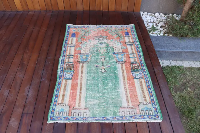 Vintage Oushak Halı 3x4.3 ft, Turuncu Yeşil Çiçek Yün Türk Halısı - 1