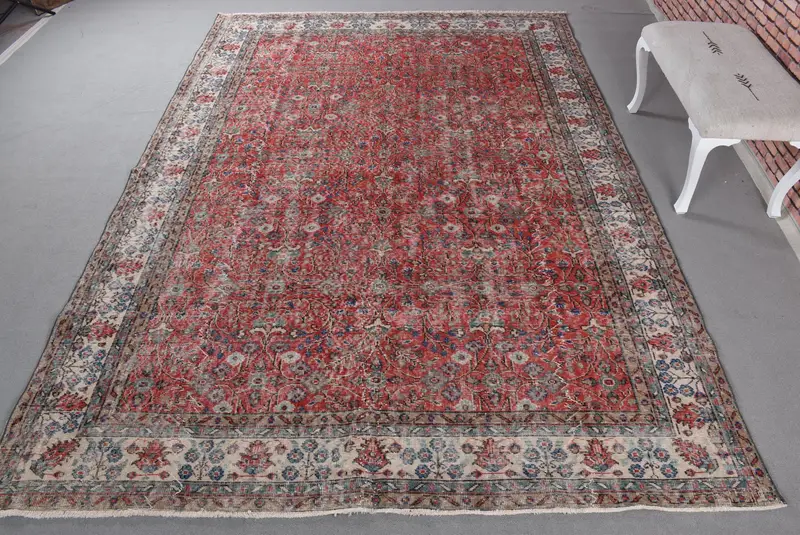 Kırmızı & Mavi İran Halısı, 7.6x11 ft Zarif Dekor