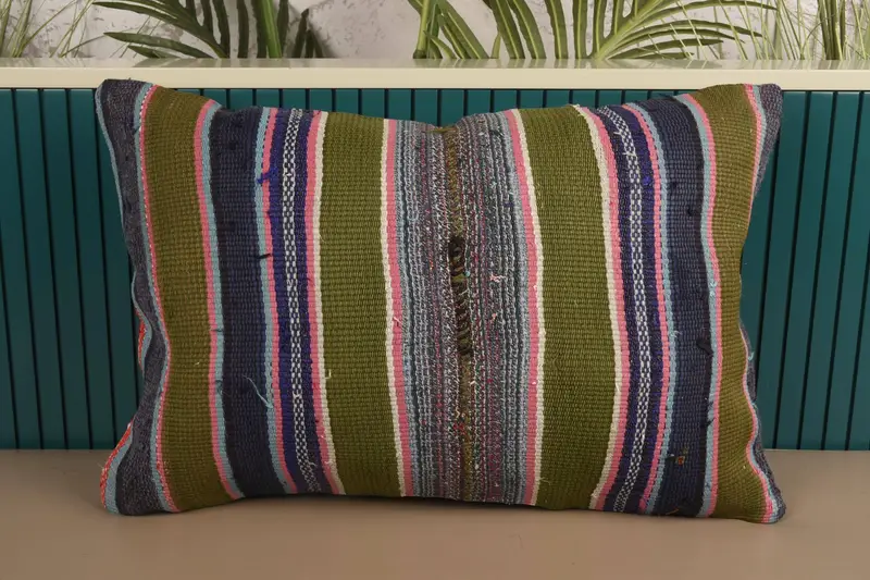 Striped Vintage Pillow Cover, Wool Moroccan 16x24 inch Green Pillow Sham - 1