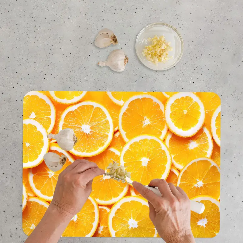 Colorful Fruit Patterned Glass Cutting Board with Non-Slip Feet