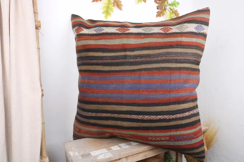 Pillow for Sofa, Pillow Sham, Couch Pillow, 32x32 Blue Pillow Sham, Ethnical Kilim Rug Pillow, Floor Pillow Case, Kilim Pillow - 4