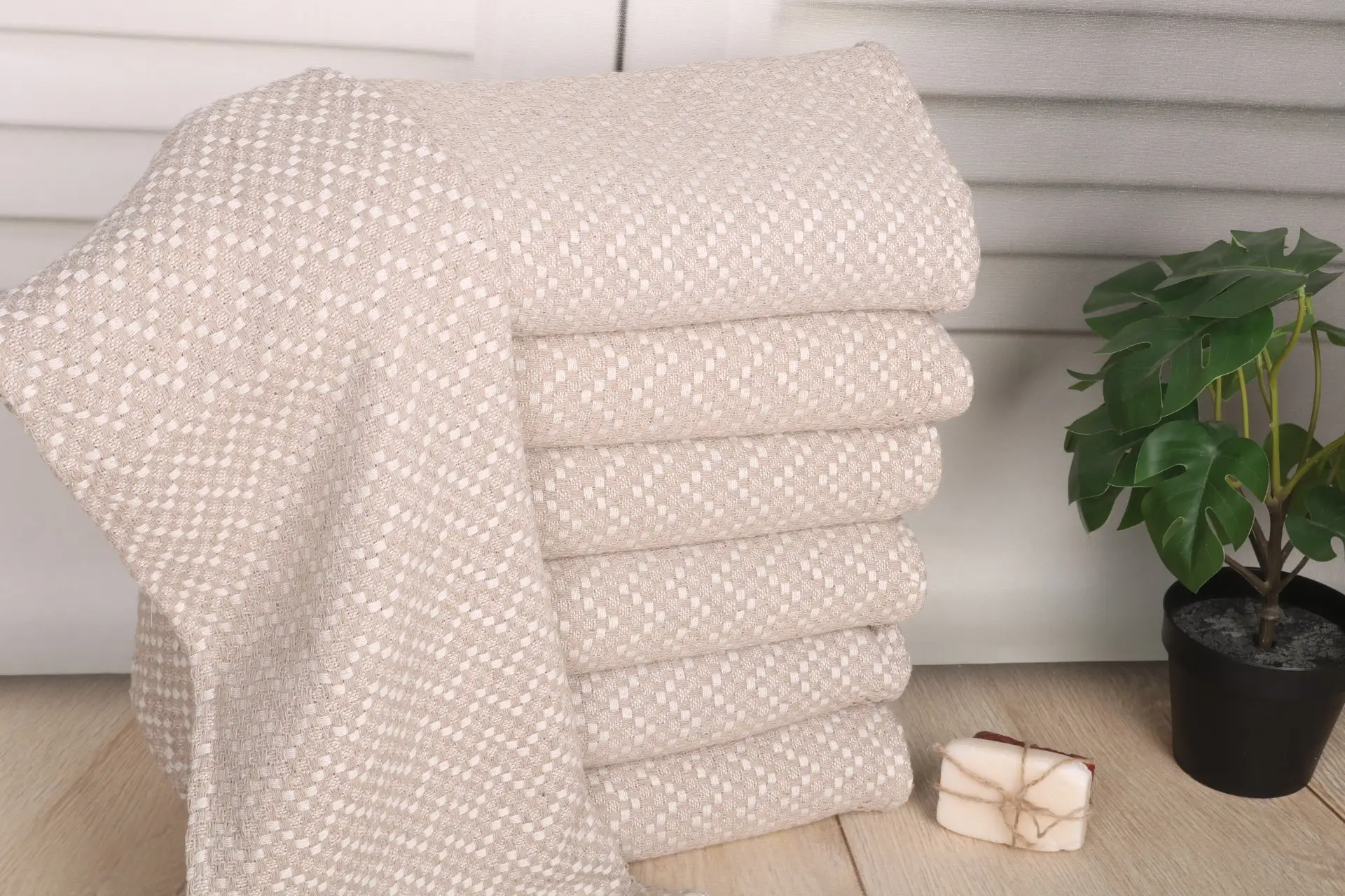 Herringbone Hand Towel Beige Cotton, Custom 20x32 Inches - 1