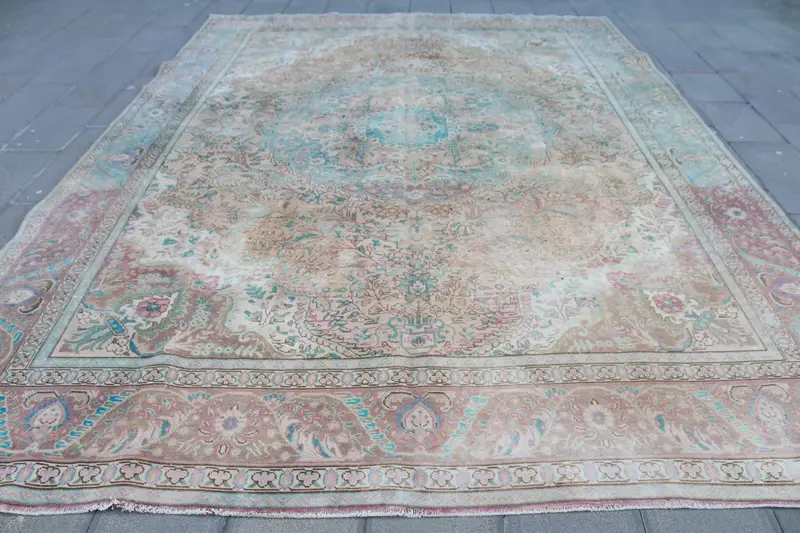 Vintage Turkish Oushak Rug 9.4x12.7 ft (286x387 cm), Blue Floral Wool Rug - 1