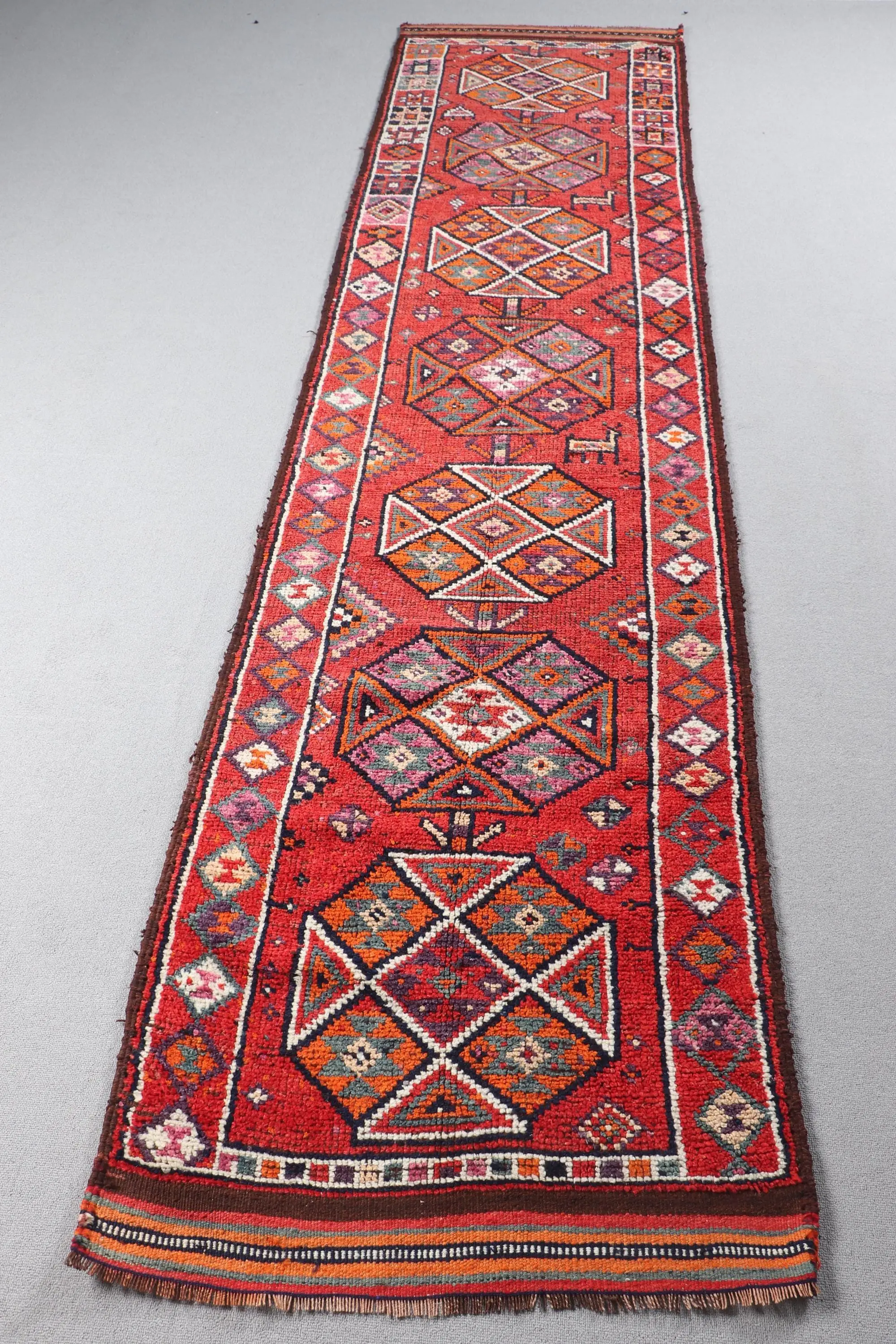 2.8x11.6 ft Rug, Vintage Turkish Rug, Red Herki Wool Rug - 1