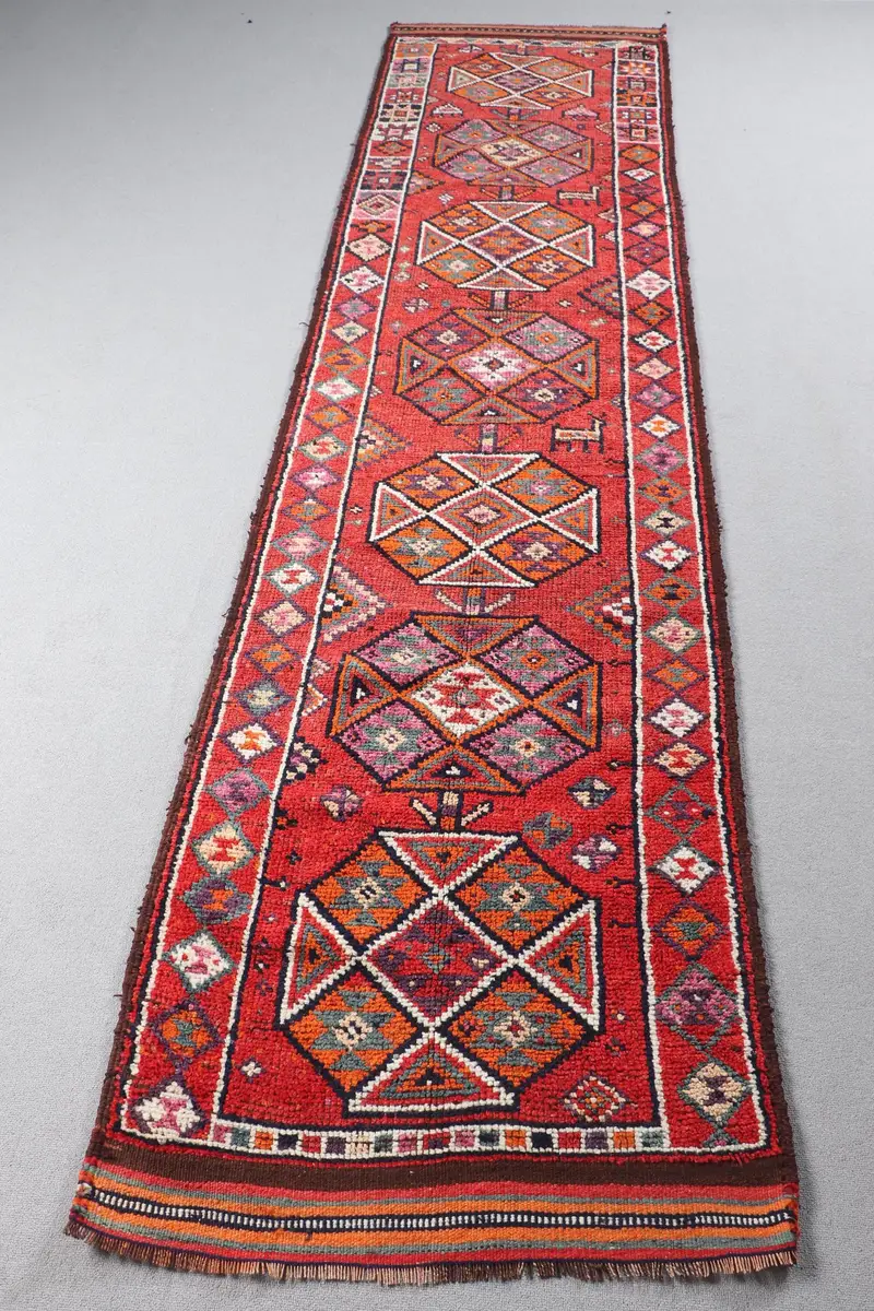 Red Southwestern Rug, 2,8x11,6 ft with Green Accents