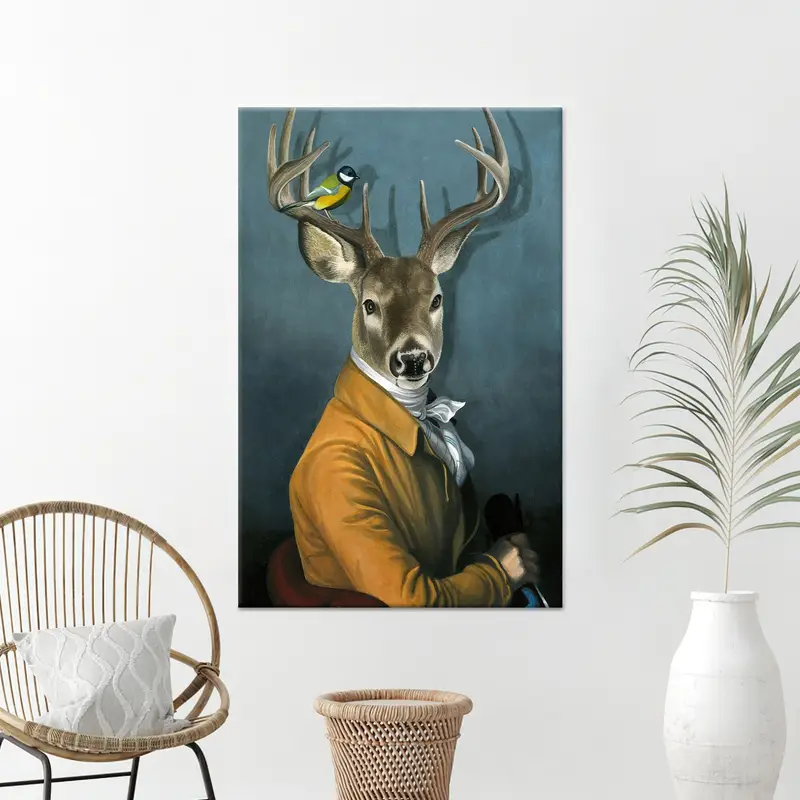 Kuşlu Zarif Geyik Kanvas Tablo - Soyut Hayvanlar Alemi Sanatı