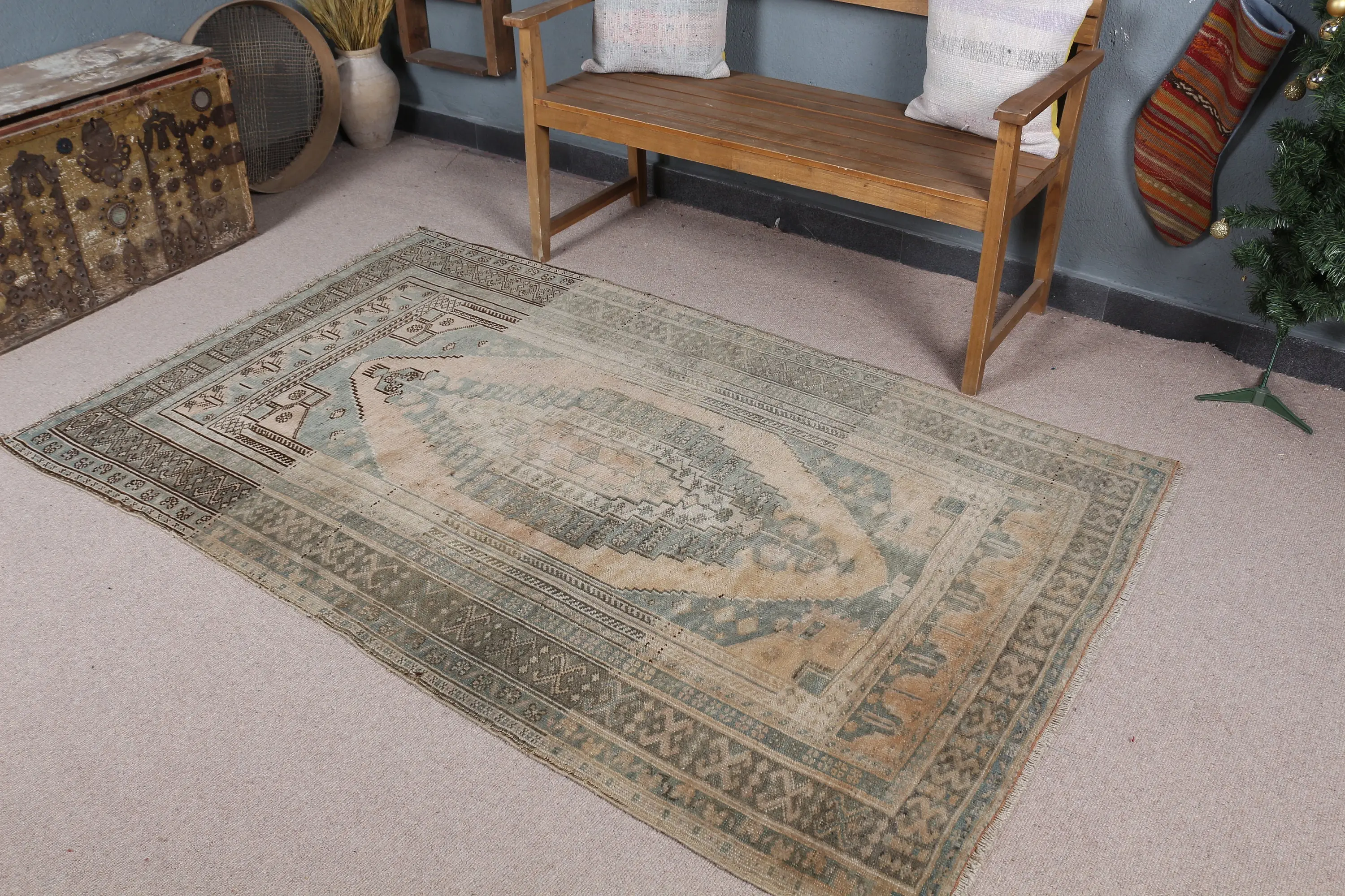 4.2x6.8 ft Vintage Rug, Turkish Area Rug, Blue Brown Moroccan Rug - 1