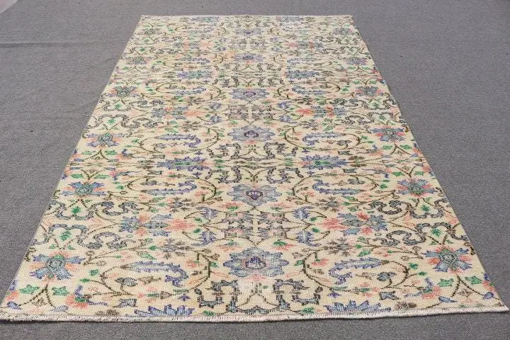 Vintage Büyük Halı 5,7x8,5 ft (175x260 cm), Mavi Kareli Türk Halısı - 1