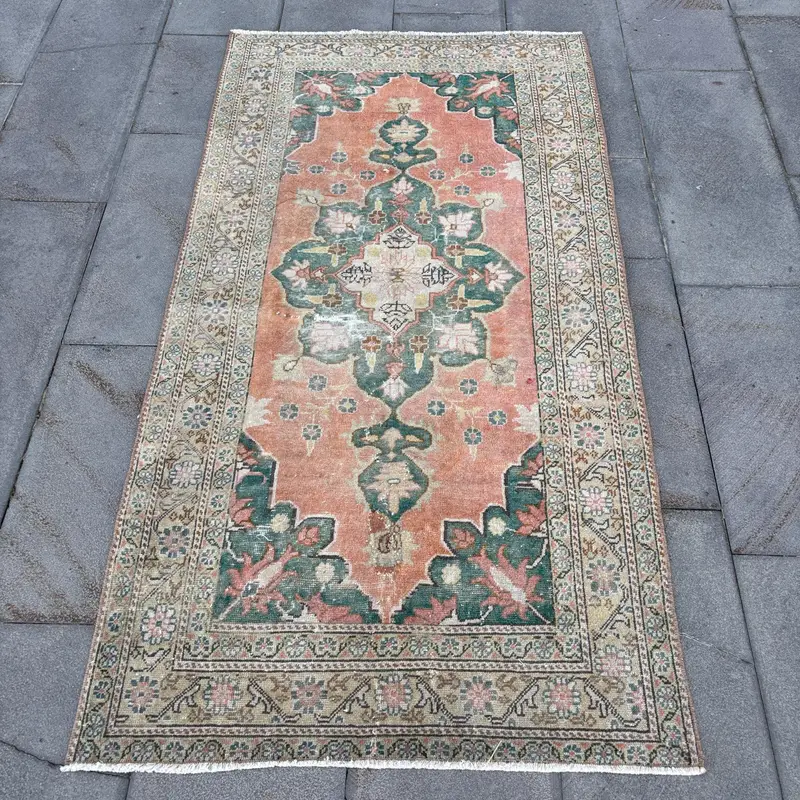 Orange & Green Rug, 2.9x5.8 ft Abstract Design