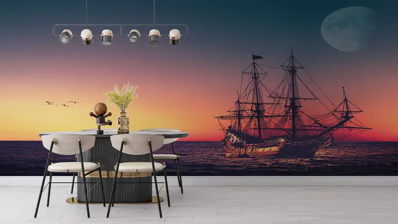 Boat Wall Poster, 3d Wall Paper, Moon Landscape Wall Decor, Bright Wall Paper, , Moon Wall Print, Modern Wall Paper, Landscape Mural, - 3