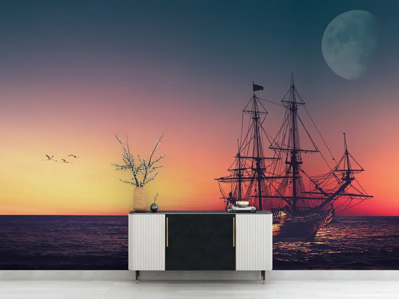 Boat Wall Poster, 3d Wall Paper, Moon Landscape Wall Decor, Bright Wall Paper, , Moon Wall Print, Modern Wall Paper, Landscape Mural, - 5