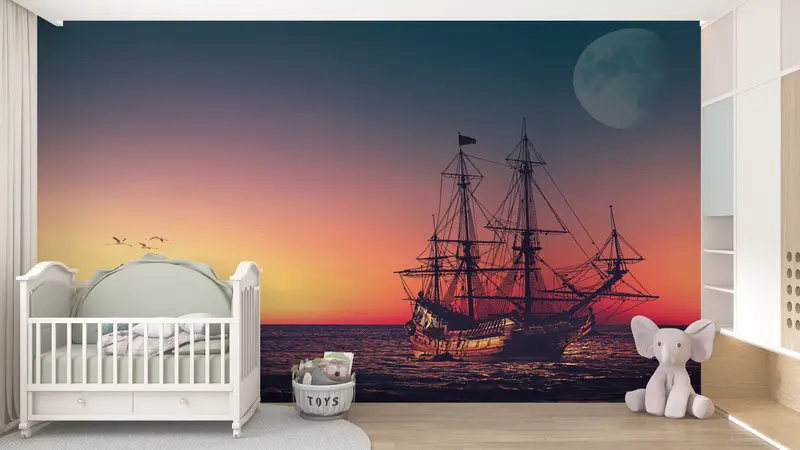 Boat Wall Poster, 3d Wall Paper, Moon Landscape Wall Decor, Bright Wall Paper, , Moon Wall Print, Modern Wall Paper, Landscape Mural, - 2