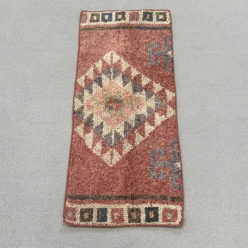 Red Persian Rug, 1.3x3.3 ft with Purple Accents