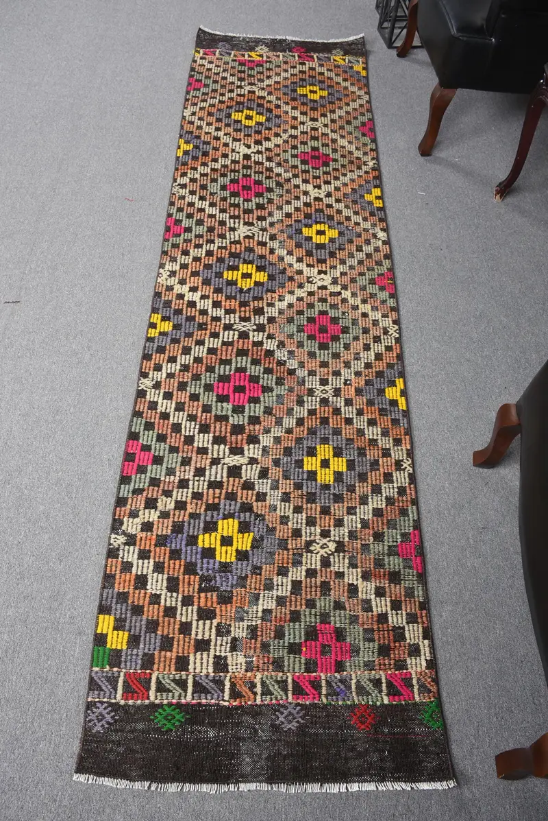 Turuncu ve Bej Halı, 2,4x9 ft Bitki ve Ağaç Desenli