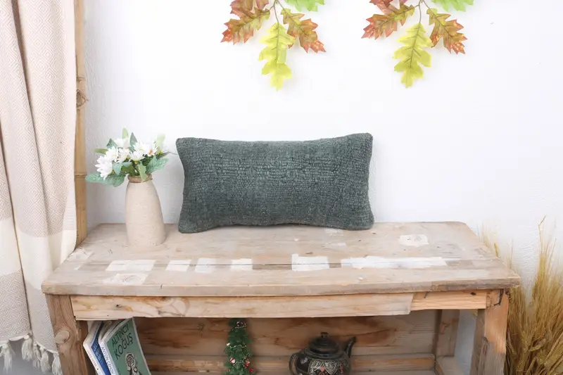 Vintage Kilim Pillow, Cushion Cover, Aesthetic Pillow Sham, 8x16 Green Pillow Cover, Pillow for Couch, Chair Cushion Cover, Boho Pillow - 1