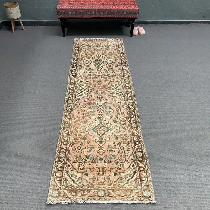 Turkish Vintage Rug 2.6x8.4 ft, Brown Oushak Oriental Rug - 1