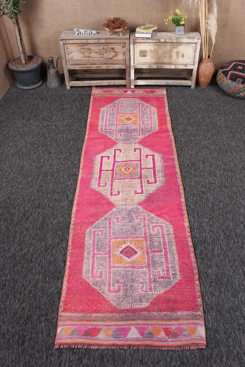 2.9x9.9 ft Türk Vintage Halısı, Yolluk Halısı, Kırmızı Herki Çiçekli Halı - 1