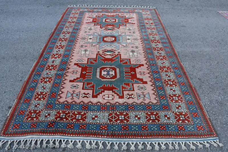 6.9x11 ft Halı, Türk Vintage Büyük Boy Halı, Kırmızı Oushak Yün Halı - 1