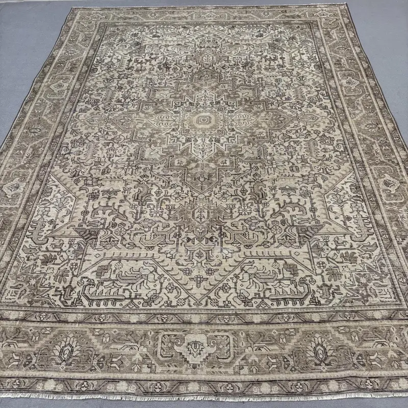 Turkish Vintage Rug 9.3x12.2 ft, Oushak Gray Floral Wool Rug - 1