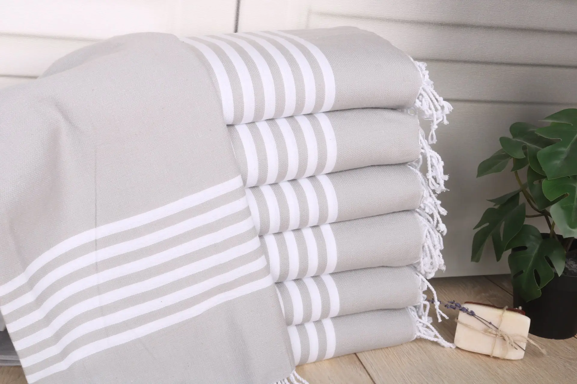 Bridal Shower Favors Gray Striped Cotton Towel, 70x40 Inches - 1