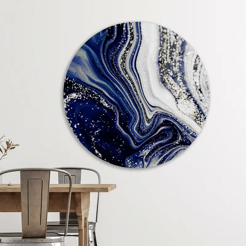 Modern Marble Printed Glass: Navy Blue, Silver, Luxury Design