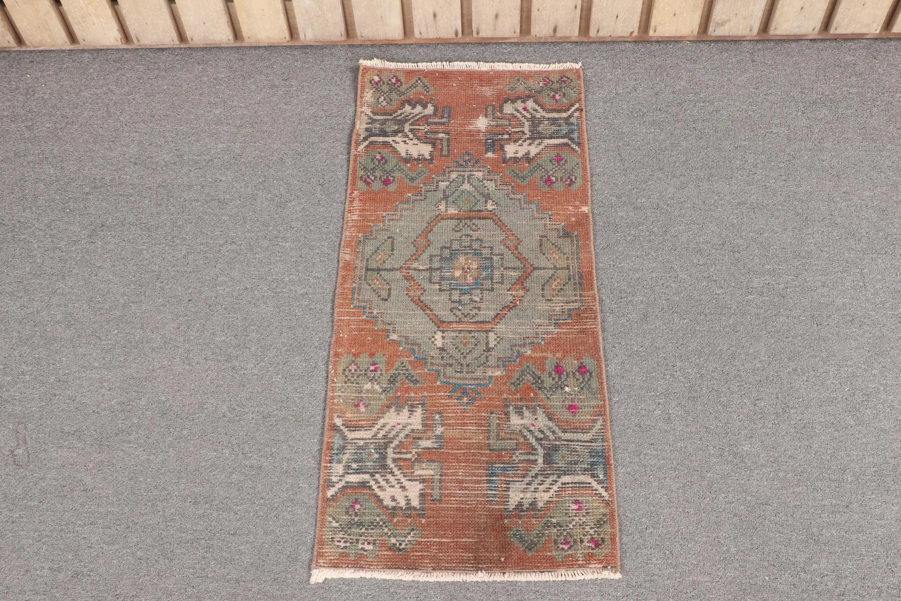 Turkish Small Rug 1.4x3 ft (43x90 cm), Vintage Brown Patchwork Wool Rug - 1