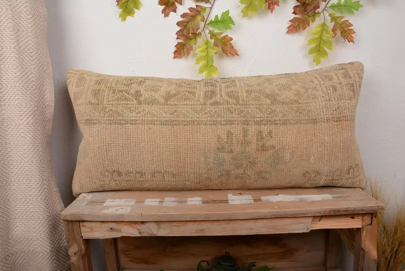 Beige & Brown Floral Embroidered Throw Pillow, 16x36 Handmade Cushion