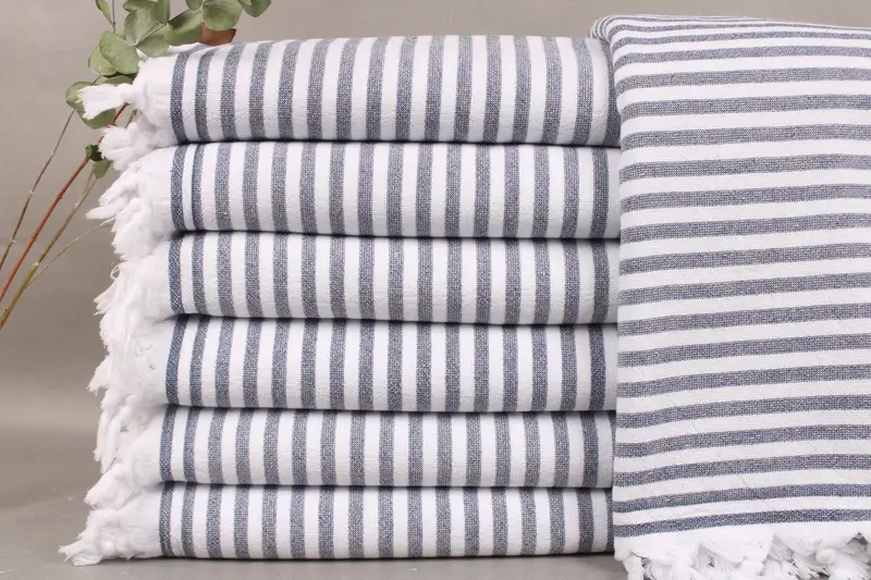 Personalized Turkish Towel Organic Navy Terry Striped, Beige, 36x71 Inches