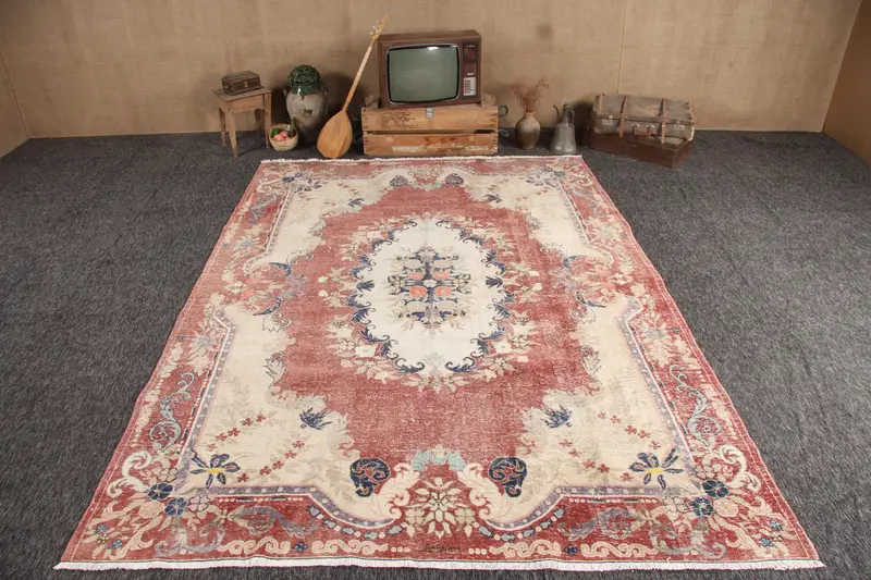 8.1x11.1 ft Türk Oushak Halısı, Vintage Halı, Kırmızı Paisley Yün Halı - 1