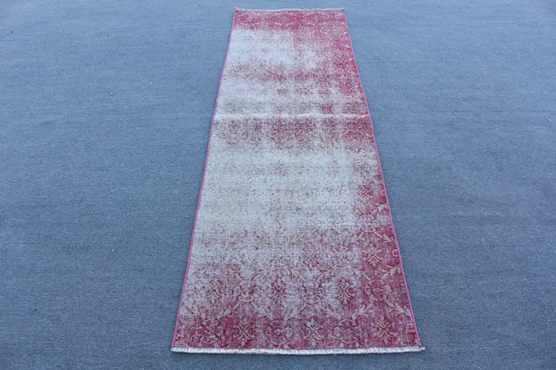 Elegant Pink Rug, 2.4x7.7 ft Beige Bordered Design