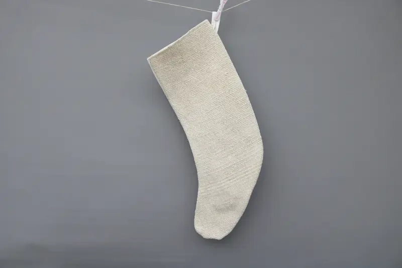 Beige Christmas Stocking with White Ornaments, Festive Holiday Stocking