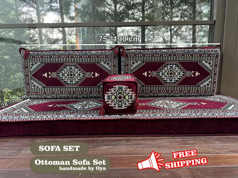 ボヘミアン レッド & グレー オットマン セット、キリム風のモジュール式オットマン