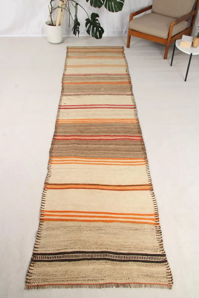 Türkischer 2,9x11,8 ft Teppich, Läufer Vintage Teppich, braun orange geometrischer Wollteppich - 1