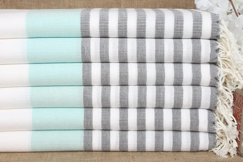 Toalla de playa turca personalizada a rayas gris menta, 40 x 71 pulgadas