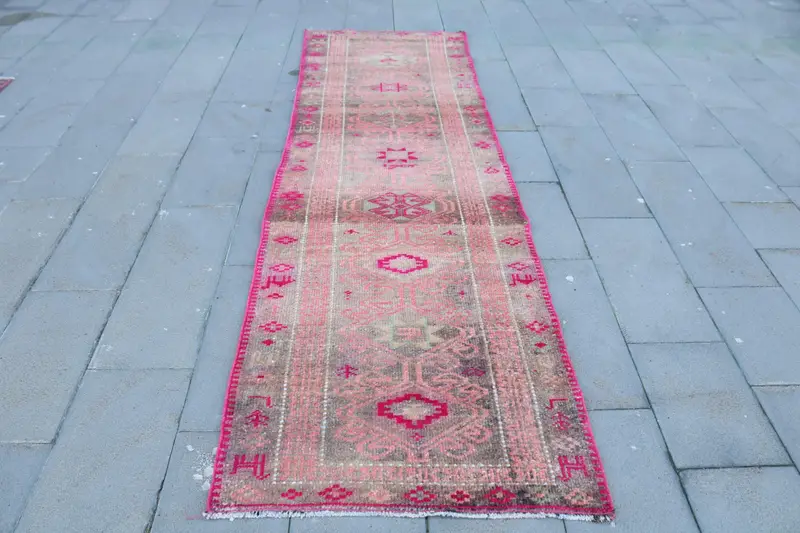 Turkish Vintage Runner Rug 3x10.3 ft, Oushak Pink Wool Rug - 1