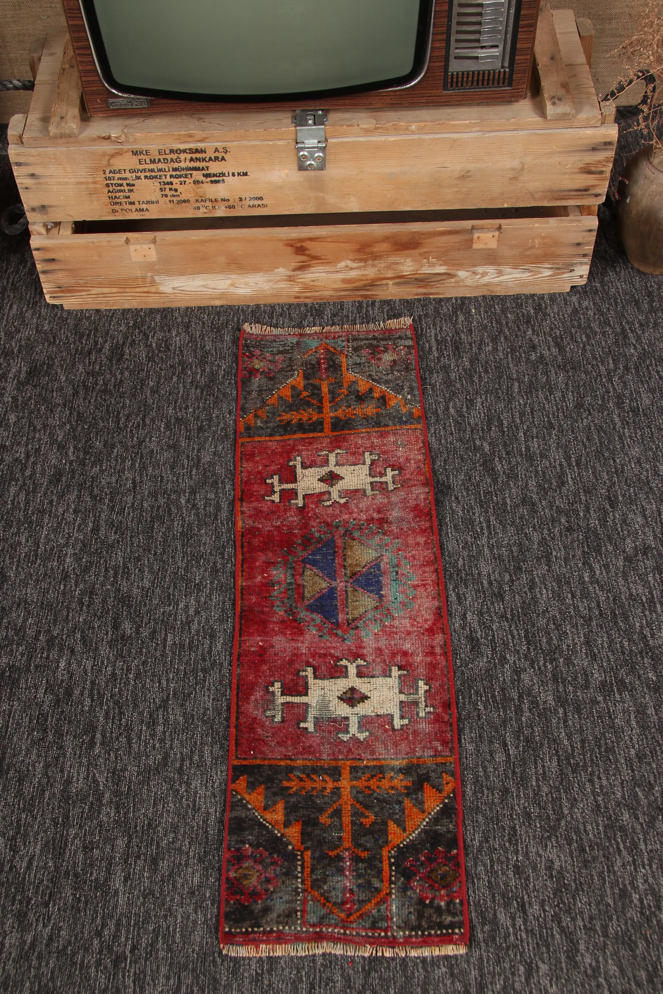 Vintage 1x3.5 ft Rug, Oushak Turkish Rug, Red Geometric Rug - 1