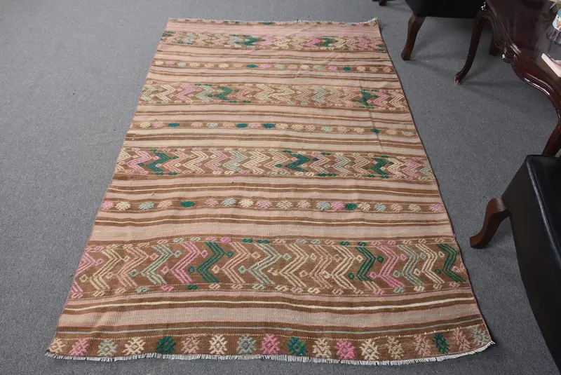 4.3x6.8 ft Türk Alan Halısı, Vintage Kahverengi Oryantal Halı - 1